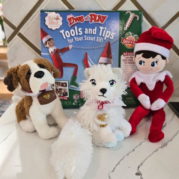 "Elves At Play" Kit With Scout Elf St. Bernard & Arctic Fox Plush elf on the she - Picture 1 of 9